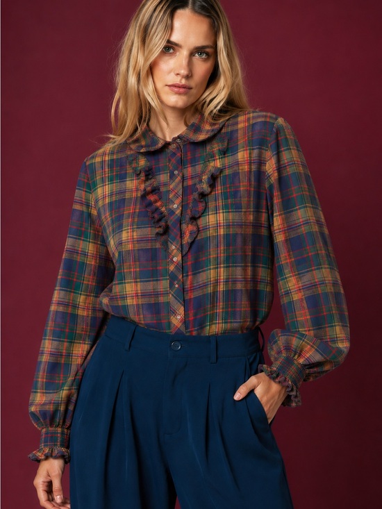 Vintage Tops - Vintage 70's Plaid Ruffle Collar Women's L Button Up Cotton Blouse